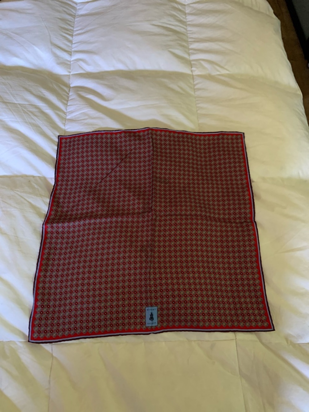 Robert Talbott Red Geometric Medallion Pocket Square with Blue Label